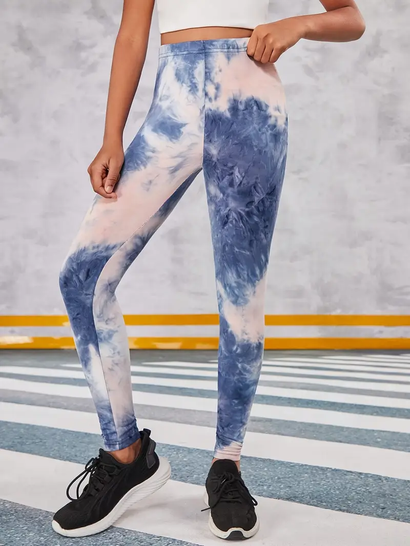 Girls Blue Blossom Printed Leggings (Tie-Dye Style) Image