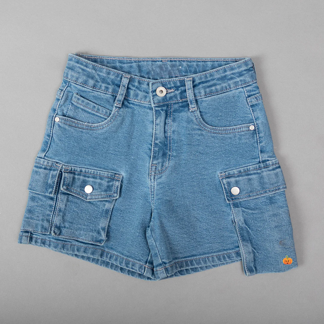 Girl's Light Wash Denim Cargo Shorts Image